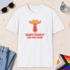 White color all-gender graphic t-shirt with "Daddy Issues" design