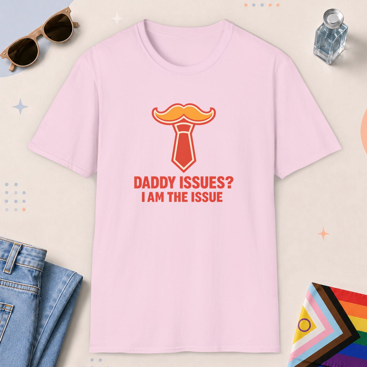 Light Pink color all-gender graphic t-shirt with "Daddy Issues" design