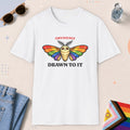 White color all-gender graphic t-shirt with "Drawn To It" design