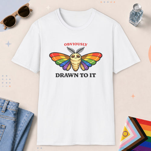 White color all-gender graphic t-shirt with "Drawn To It" design