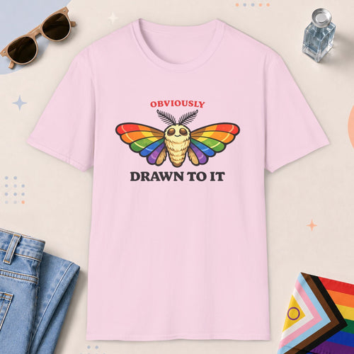 Light Pink color all-gender graphic t-shirt with "Drawn To It" design
