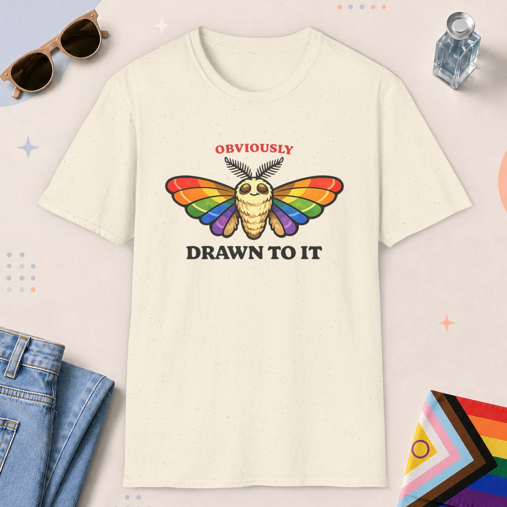 Natural color all-gender graphic t-shirt with "Drawn To It" design