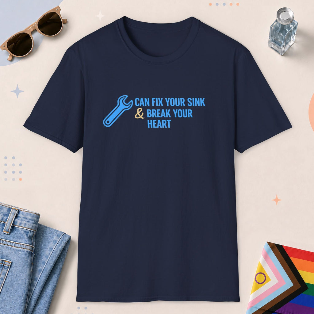 Navy color all-gender graphic t-shirt with "Fix Your Sink" design