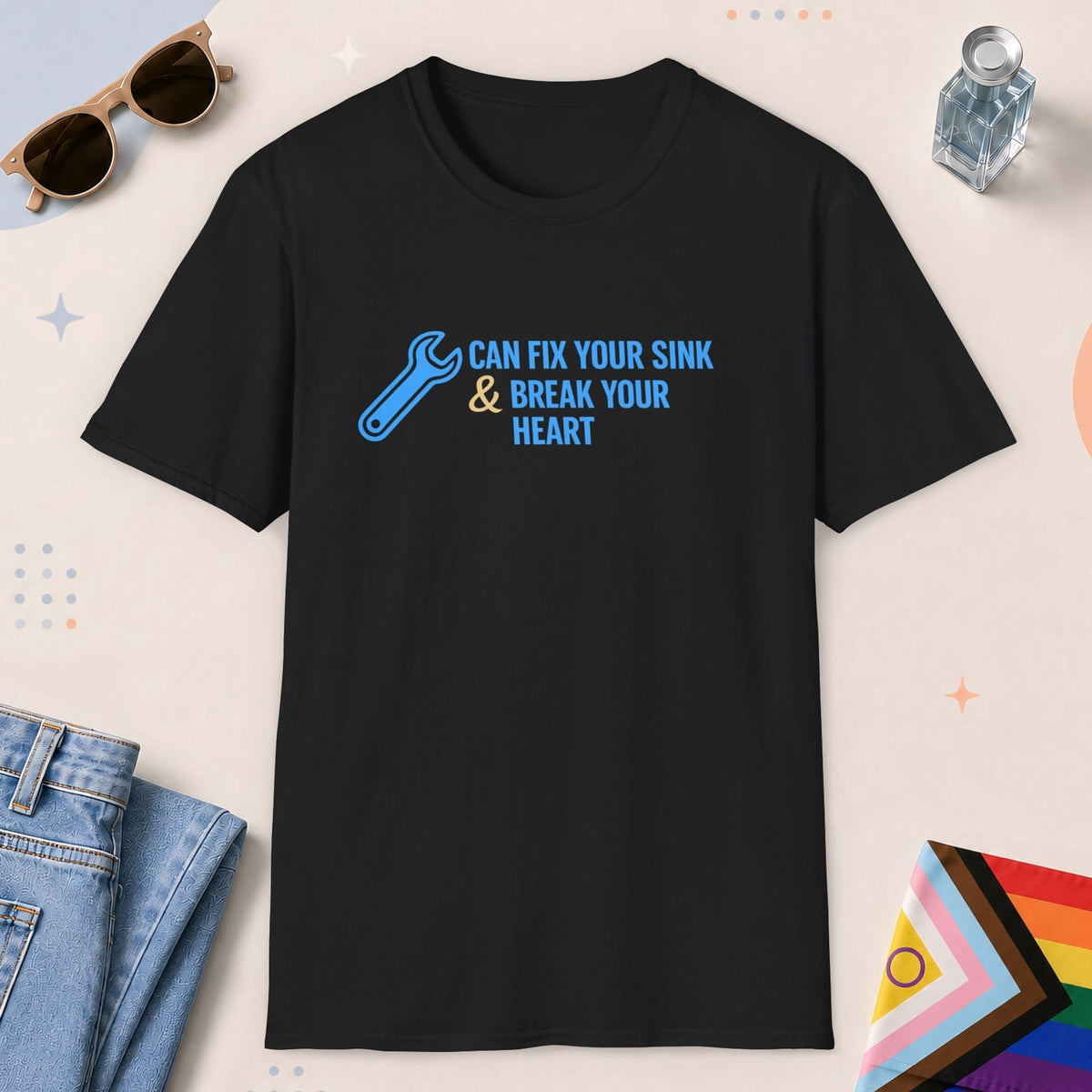 Black color all-gender graphic t-shirt with "Fix Your Sink" design