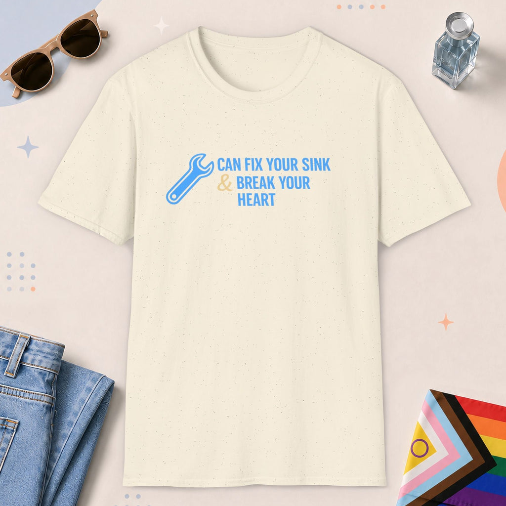 Natural color all-gender graphic t-shirt with "Fix Your Sink" design