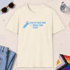 Natural color all-gender graphic t-shirt with "Fix Your Sink" design