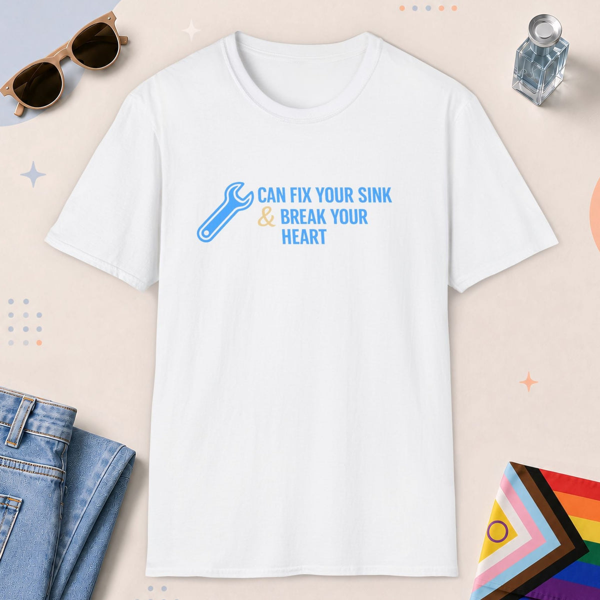 White color all-gender graphic t-shirt with "Fix Your Sink" design