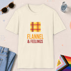 Natural color all-gender graphic t-shirt with "Flannel & Feelings" design