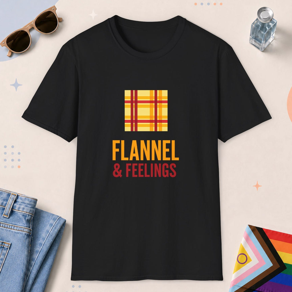 Black color all-gender graphic t-shirt with "Flannel & Feelings" design