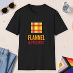 Black color all-gender graphic t-shirt with "Flannel & Feelings" design