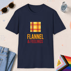 Navy color all-gender graphic t-shirt with "Flannel & Feelings" design