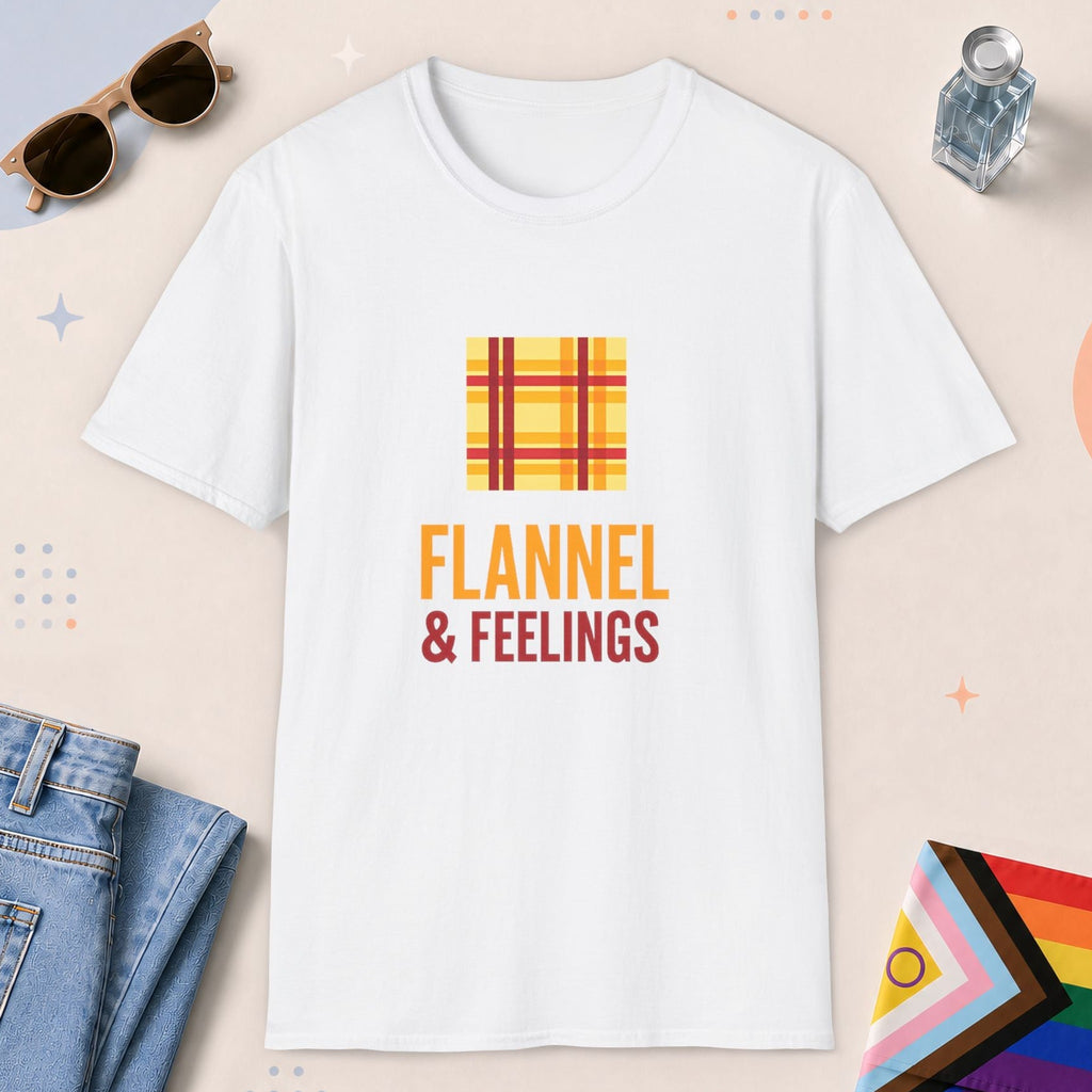 White color all-gender graphic t-shirt with "Flannel & Feelings" design
