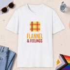 White color all-gender graphic t-shirt with "Flannel & Feelings" design