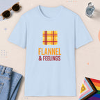Light Blue color all-gender graphic t-shirt with "Flannel & Feelings" design