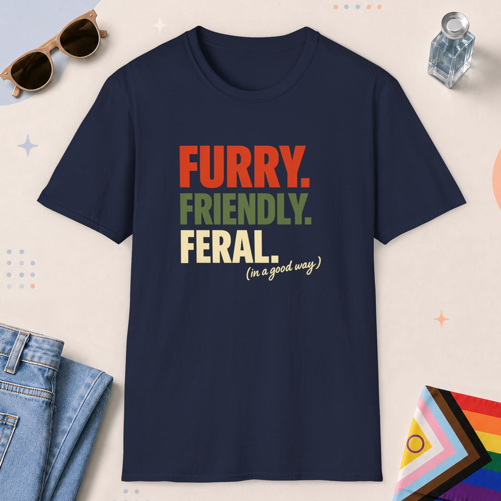 Navy color all-gender graphic t-shirt with "Furry Friendly Feral" design