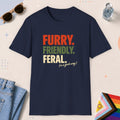 Navy color all-gender graphic t-shirt with "Furry Friendly Feral" design