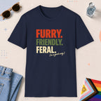 Navy color all-gender graphic t-shirt with "Furry Friendly Feral" design