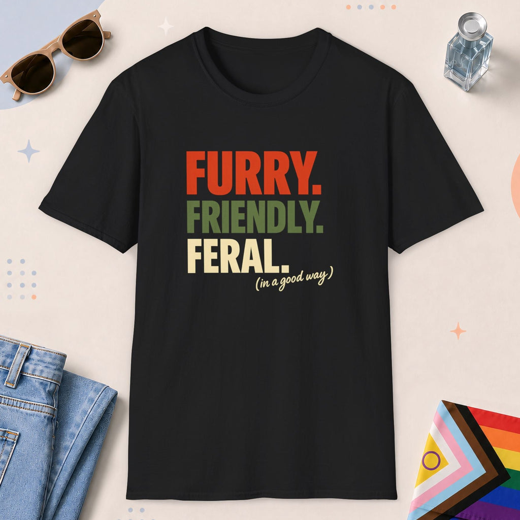 Black color all-gender graphic t-shirt with "Furry Friendly Feral" design