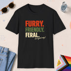 Black color all-gender graphic t-shirt with "Furry Friendly Feral" design