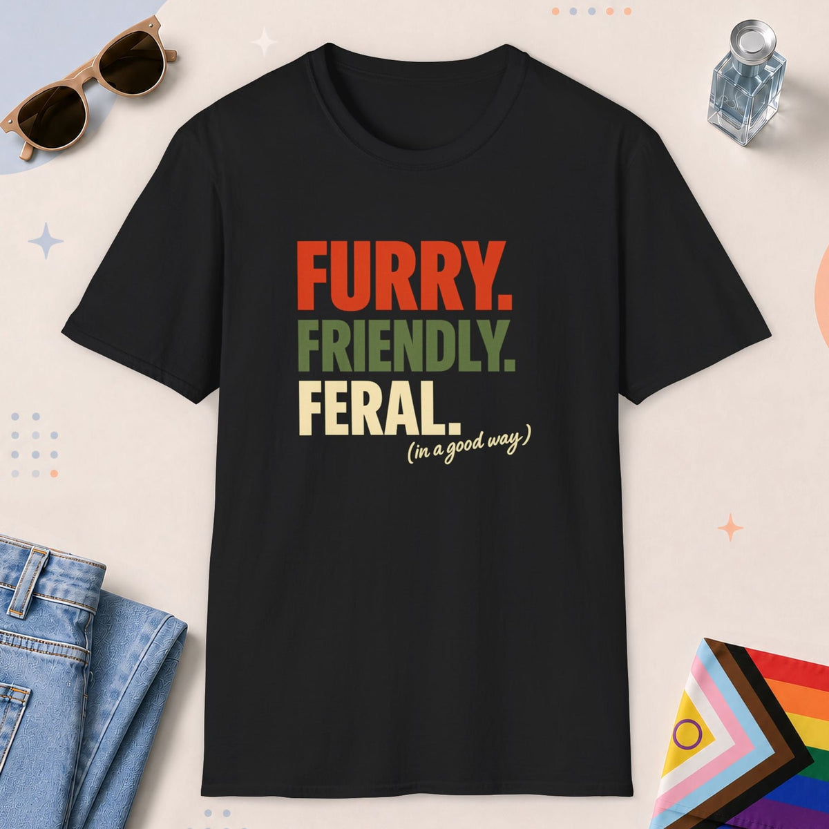 Black color all-gender graphic t-shirt with "Furry Friendly Feral" design