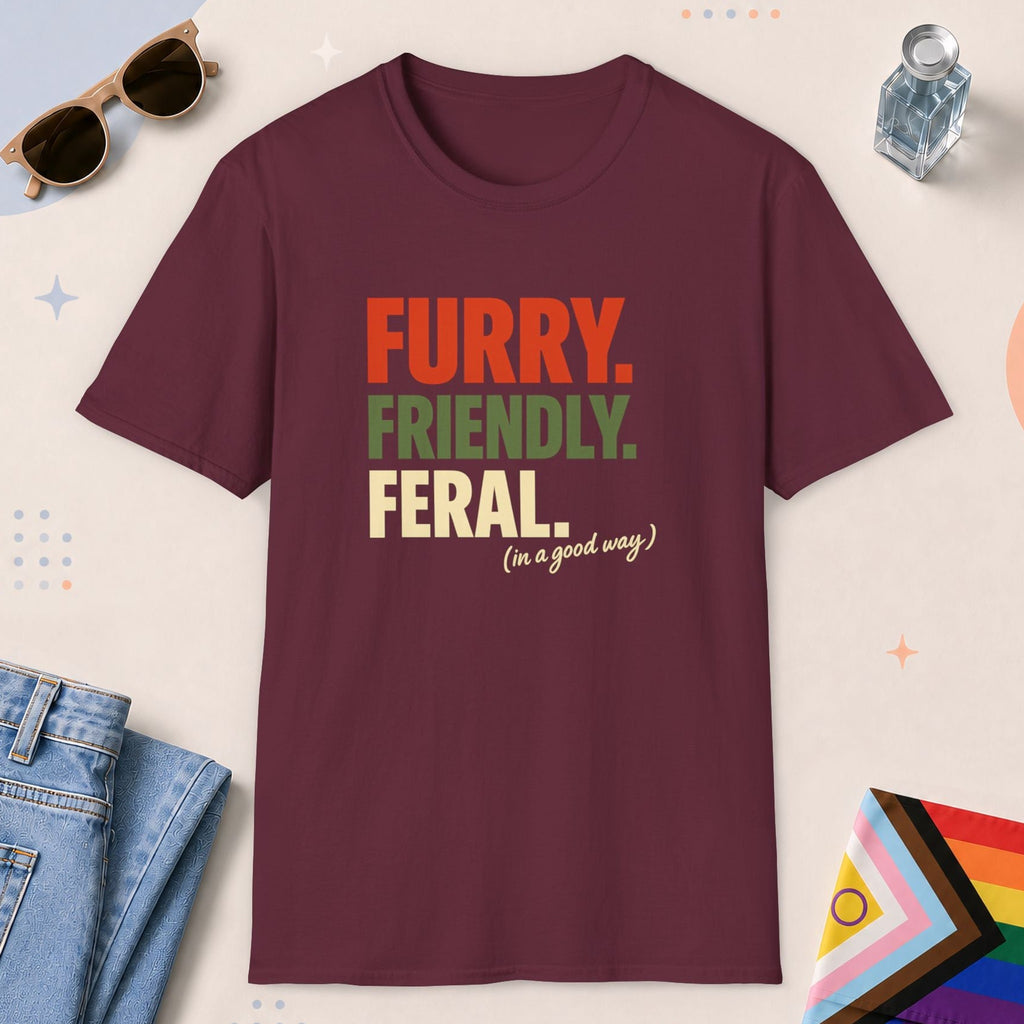 Maroon color all-gender graphic t-shirt with "Furry Friendly Feral" design