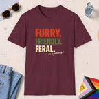 Maroon color all-gender graphic t-shirt with "Furry Friendly Feral" design
