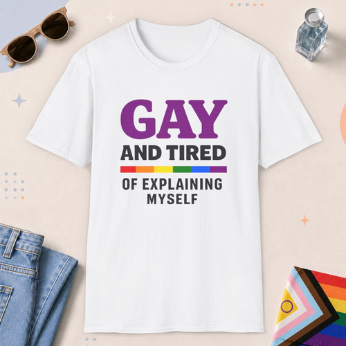 White color all-gender graphic t-shirt with "Gay And Tired" design