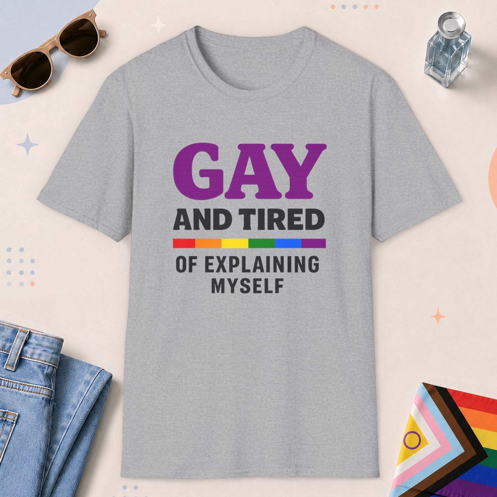 Sport Grey color all-gender graphic t-shirt with "Gay And Tired" design