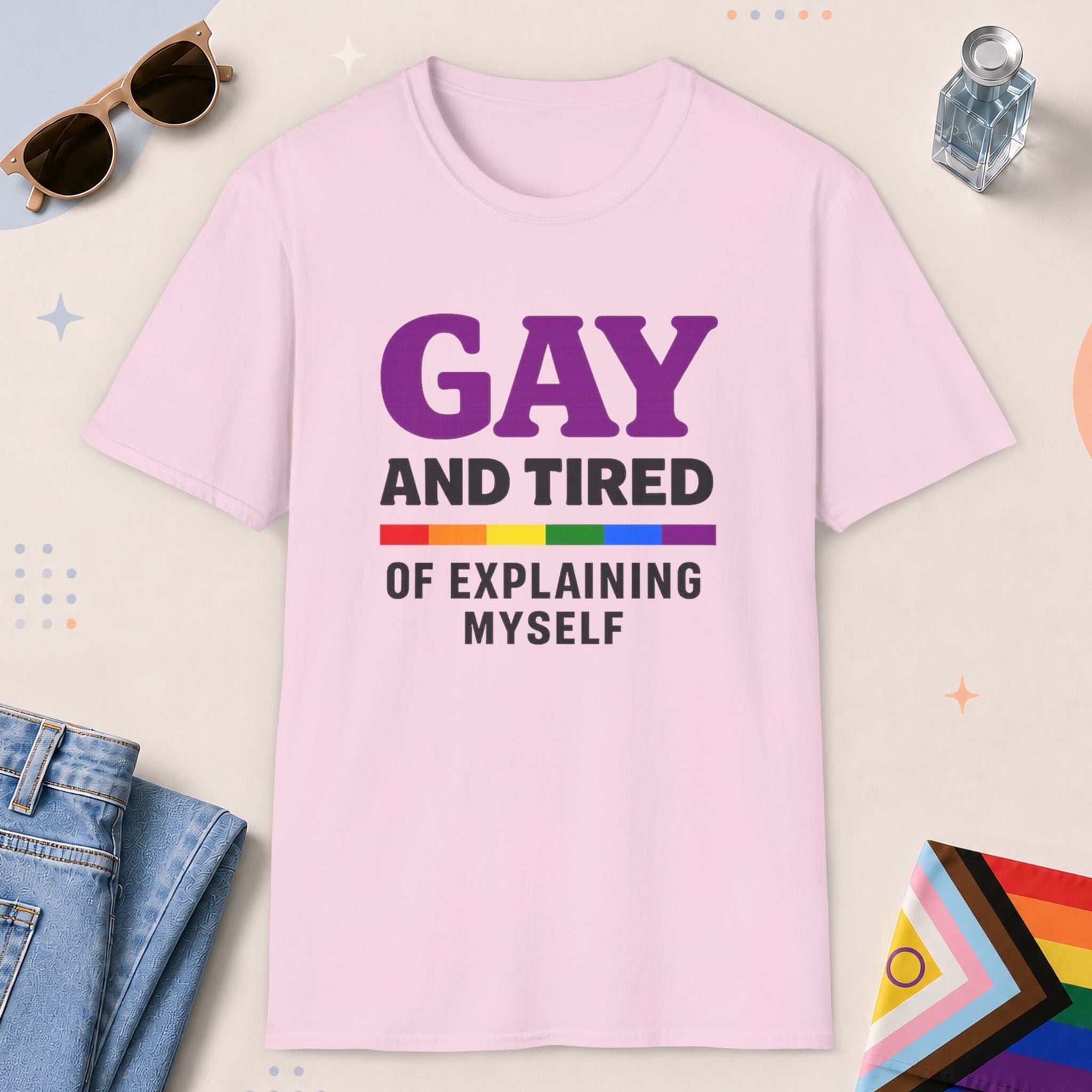 Light Pink color all-gender graphic t-shirt with "Gay And Tired" design