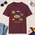 Maroon color all-gender graphic t-shirt with "Gay Badges" design