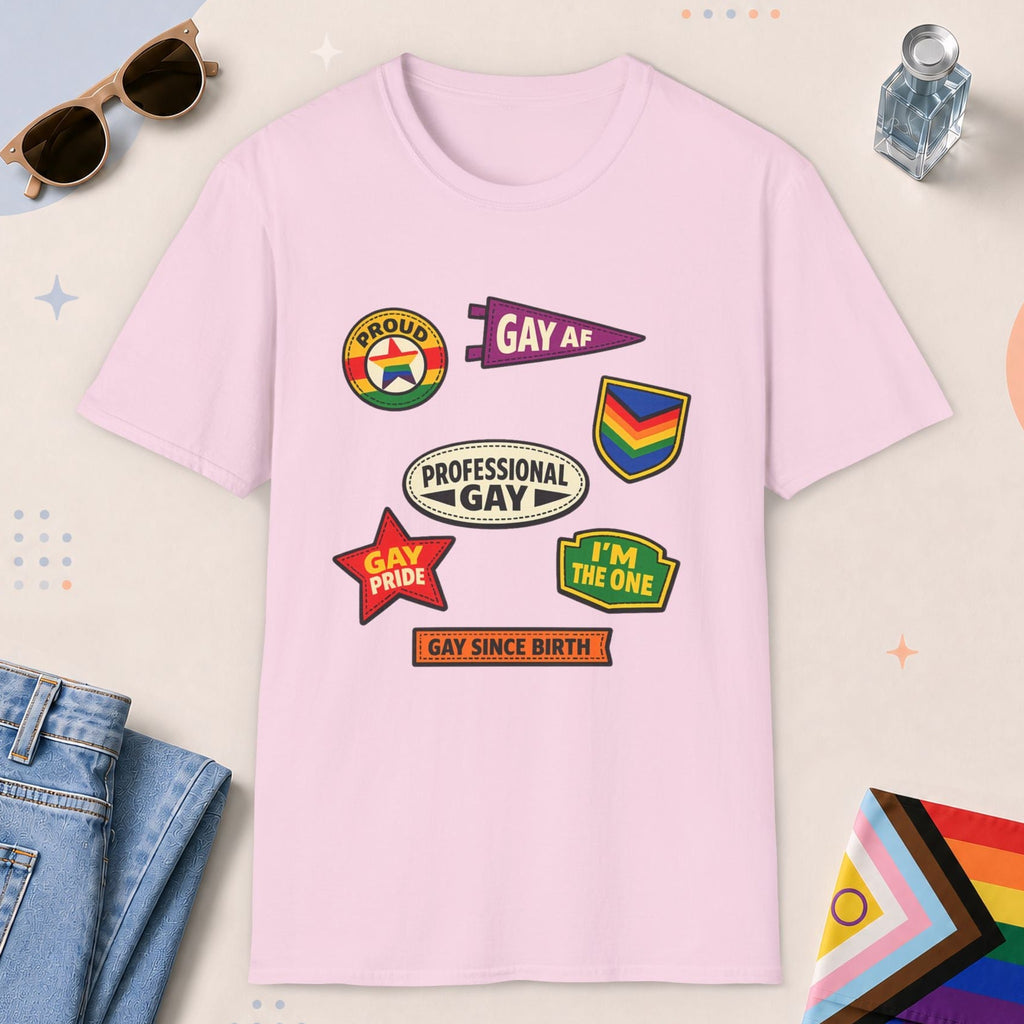Light Pink color all-gender graphic t-shirt with "Gay Badges" design