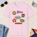 Light Pink color all-gender graphic t-shirt with "Gay Badges" design