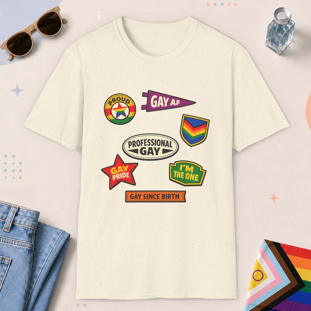 Natural color all-gender graphic t-shirt with "Gay Badges" design