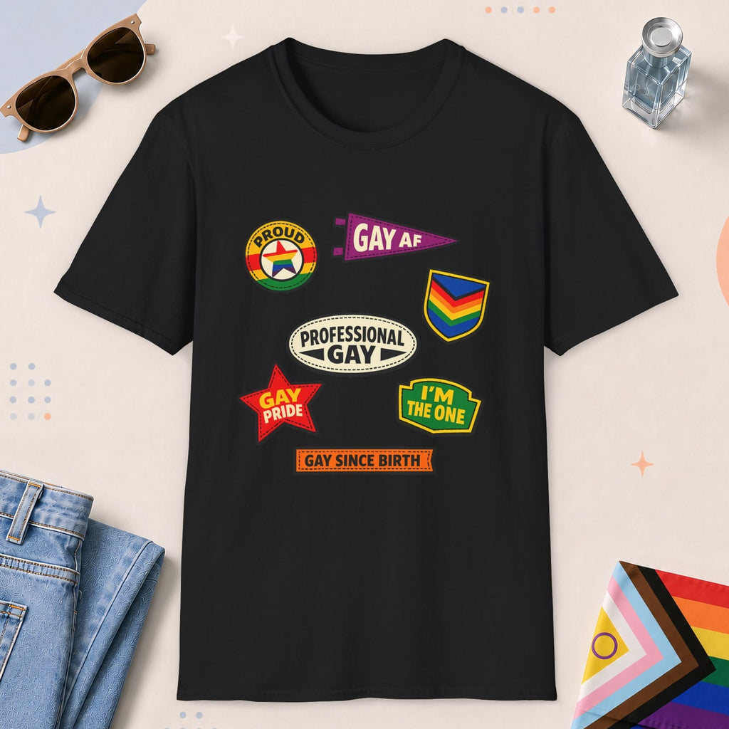 Black color all-gender graphic t-shirt with "Gay Badges" design