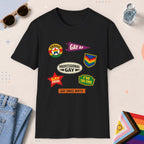 Black color all-gender graphic t-shirt with "Gay Badges" design