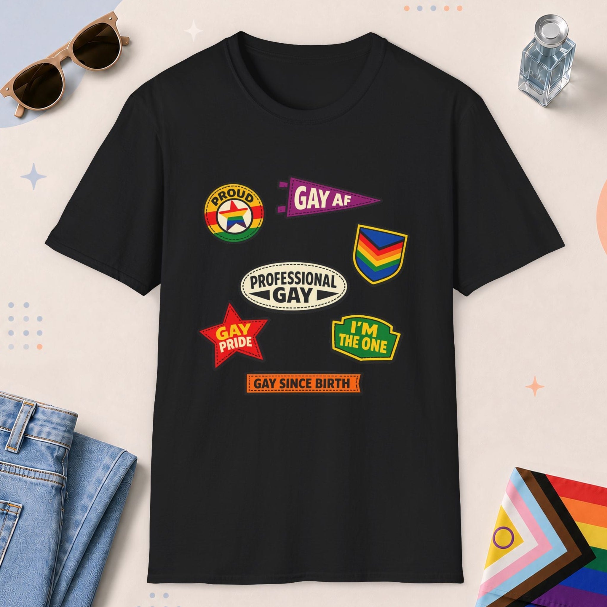 Black color all-gender graphic t-shirt with "Gay Badges" design