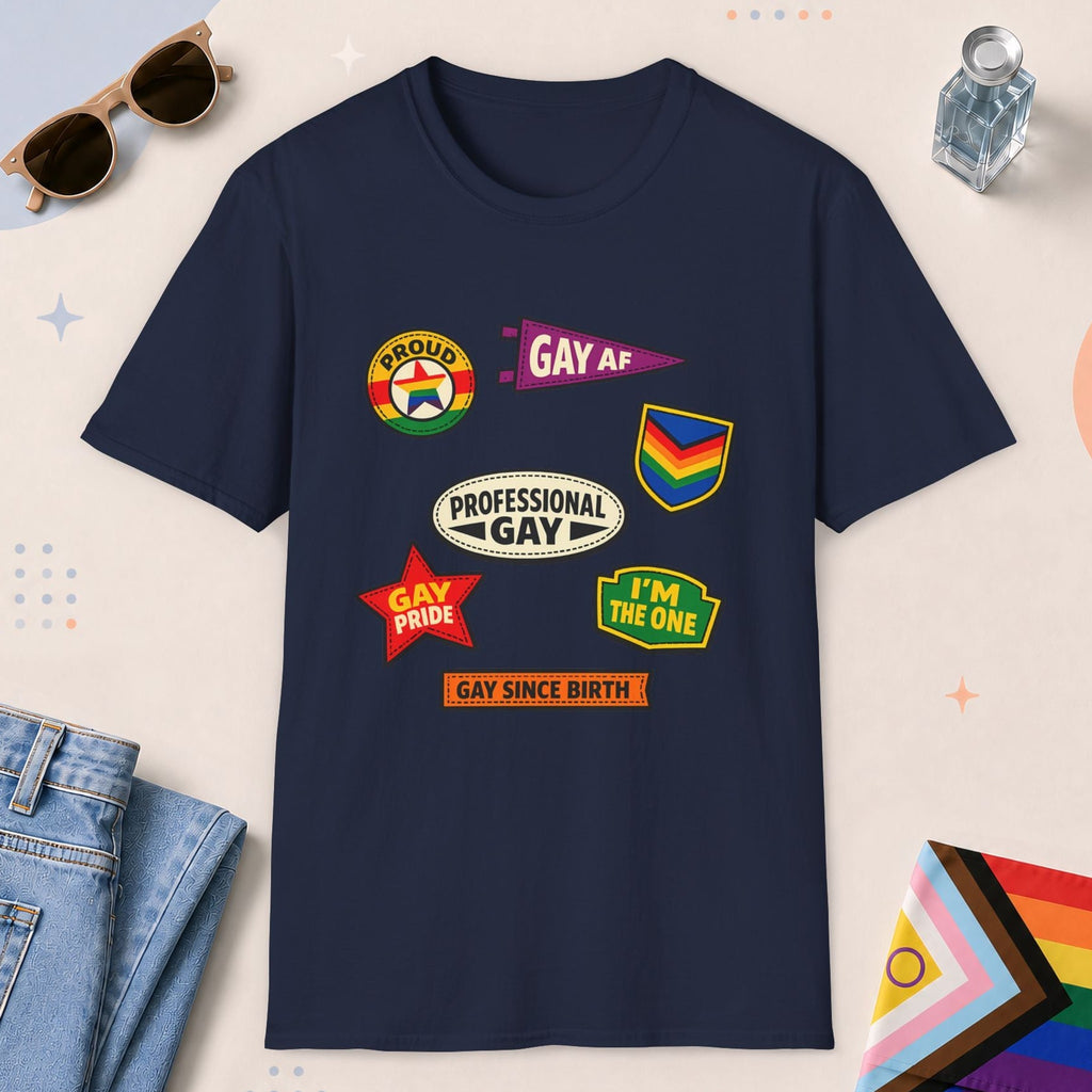 Navy color all-gender graphic t-shirt with "Gay Badges" design