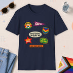 Navy color all-gender graphic t-shirt with "Gay Badges" design