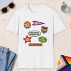 White color all-gender graphic t-shirt with "Gay Badges" design