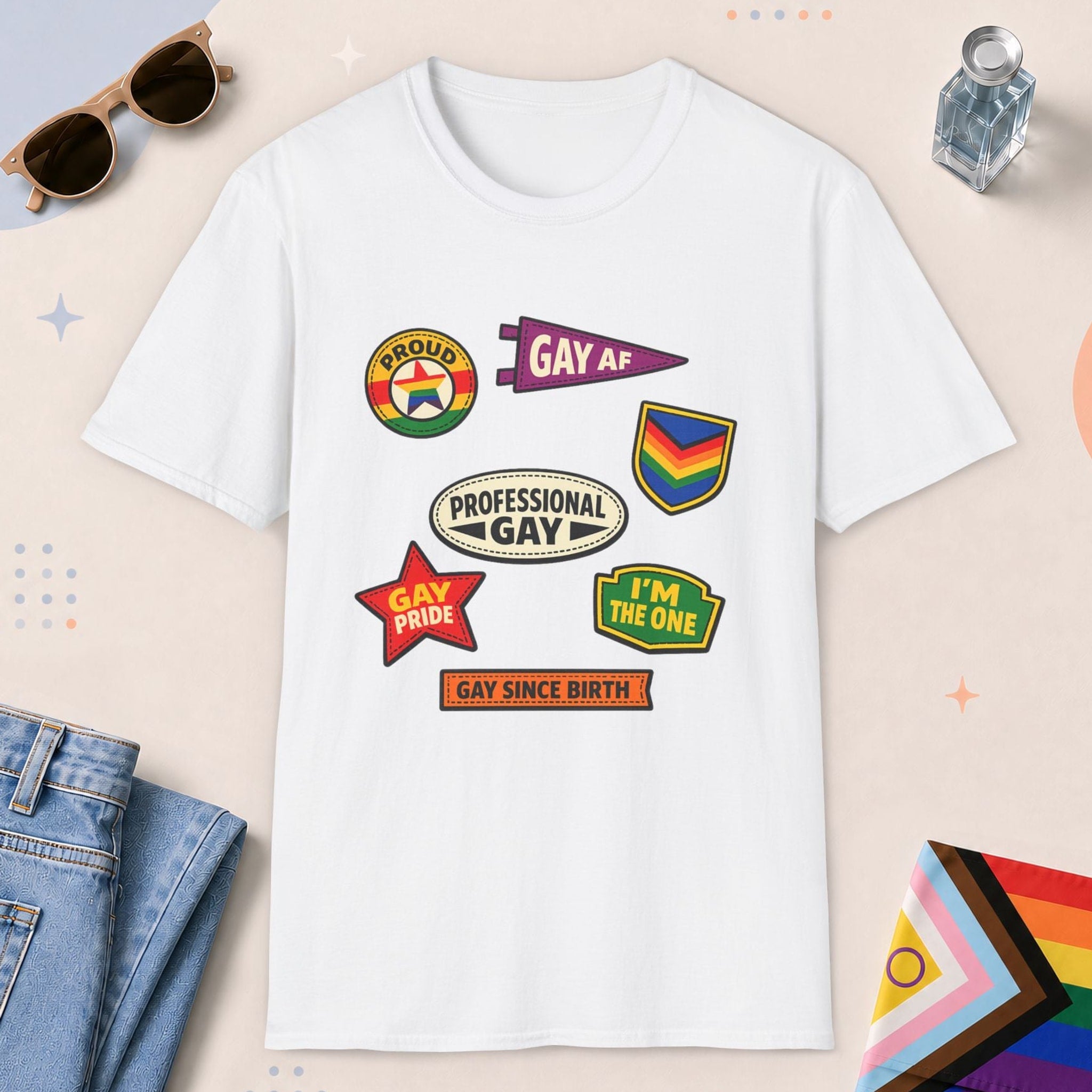 White color all-gender graphic t-shirt with "Gay Badges" design