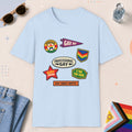 Light Blue color all-gender graphic t-shirt with "Gay Badges" design