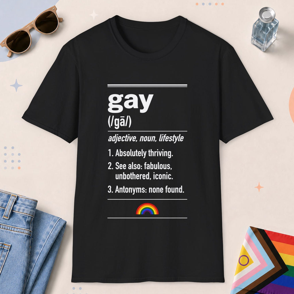 Black color all-gender graphic t-shirt with "Gay Definition" design