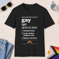 Black color all-gender graphic t-shirt with "Gay Definition" design