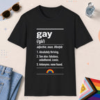 Black color all-gender graphic t-shirt with "Gay Definition" design
