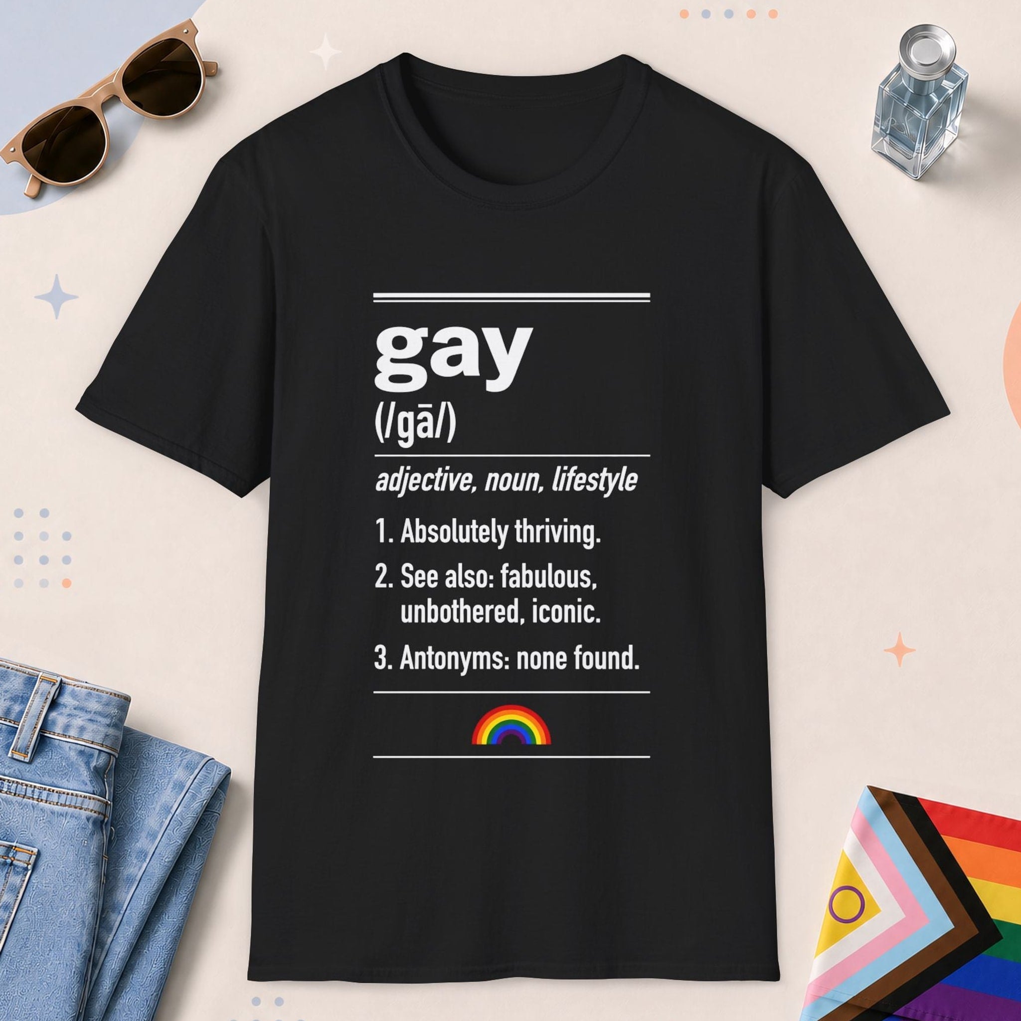 Black color all-gender graphic t-shirt with "Gay Definition" design