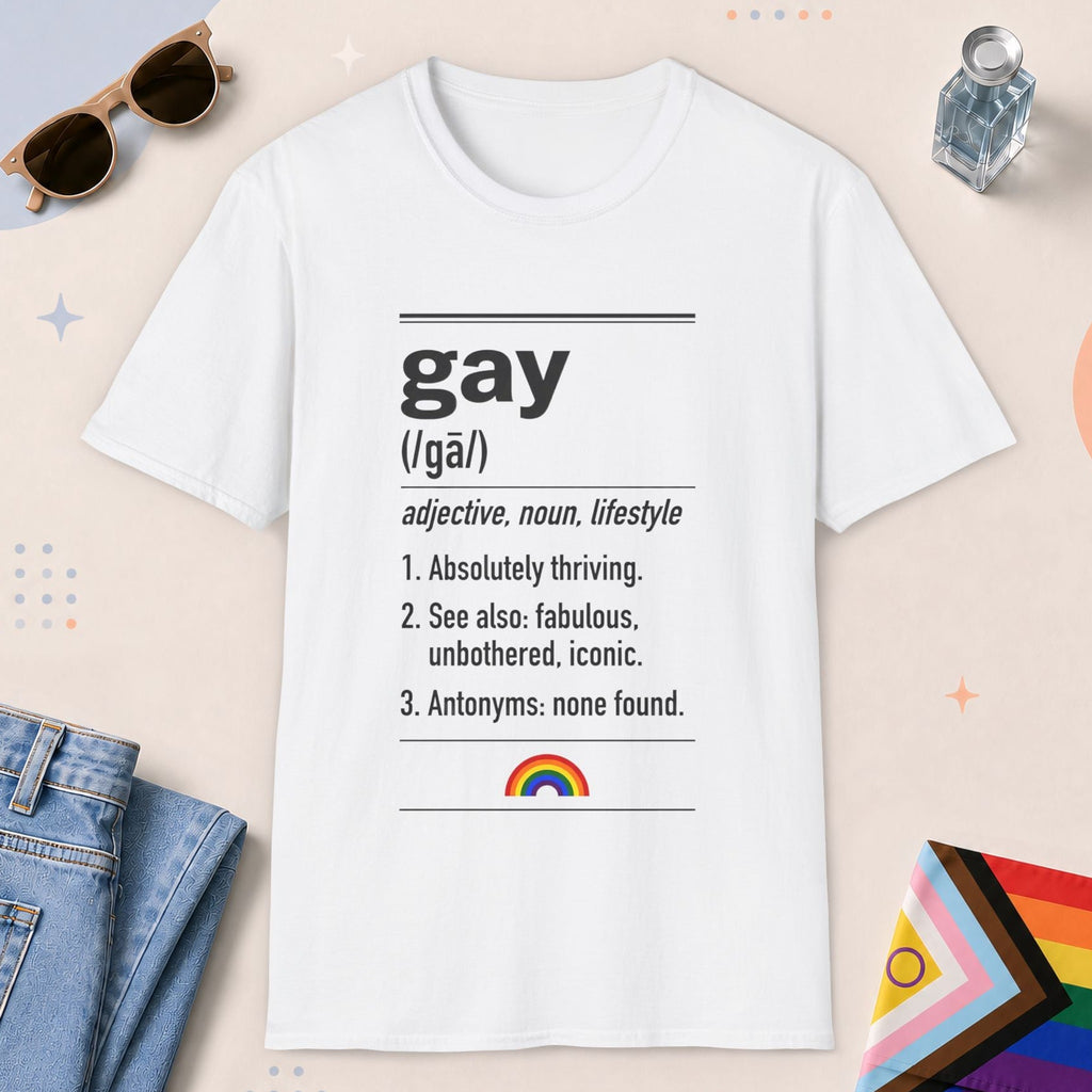 White color all-gender graphic t-shirt with "Gay Definition" design