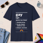 Navy color all-gender graphic t-shirt with "Gay Definition" design
