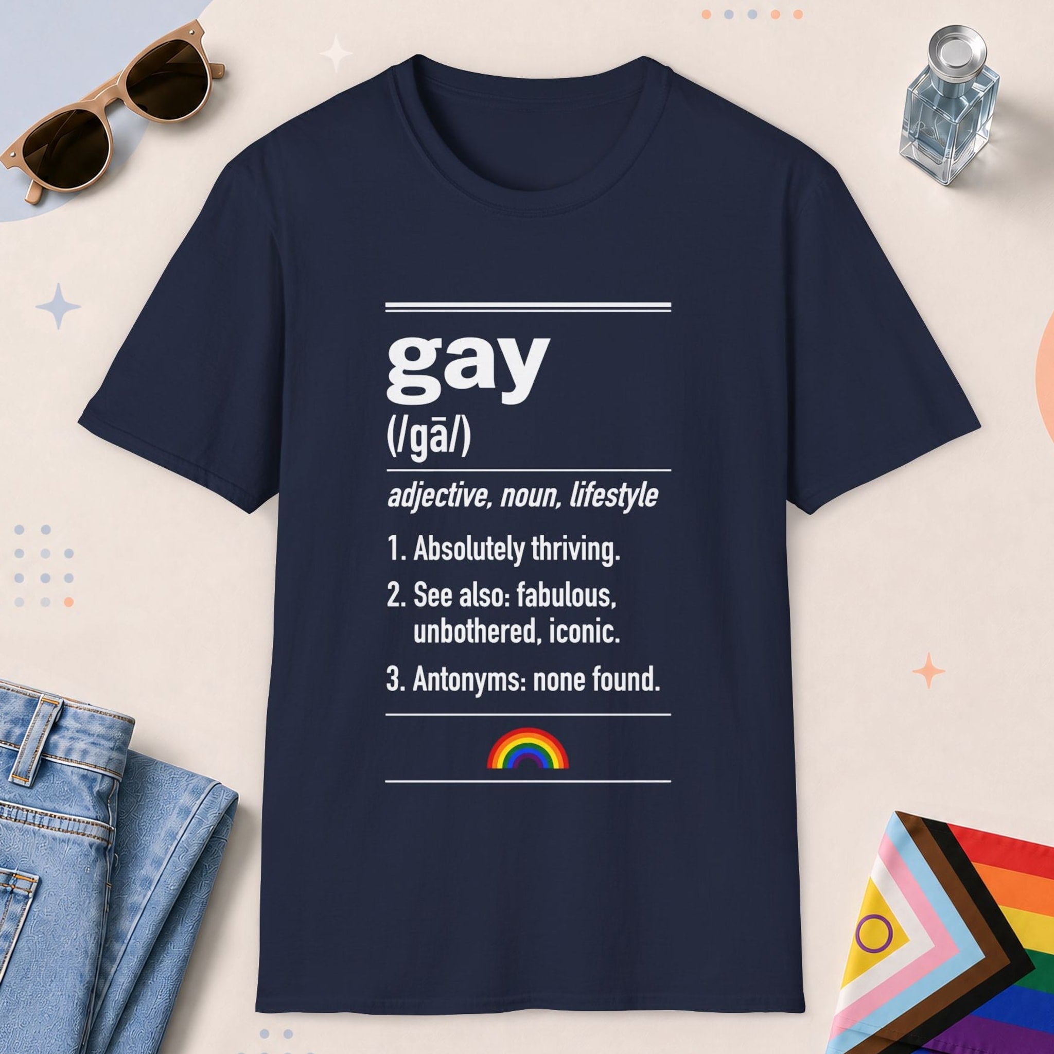 Navy color all-gender graphic t-shirt with "Gay Definition" design
