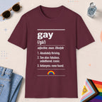 Maroon color all-gender graphic t-shirt with "Gay Definition" design