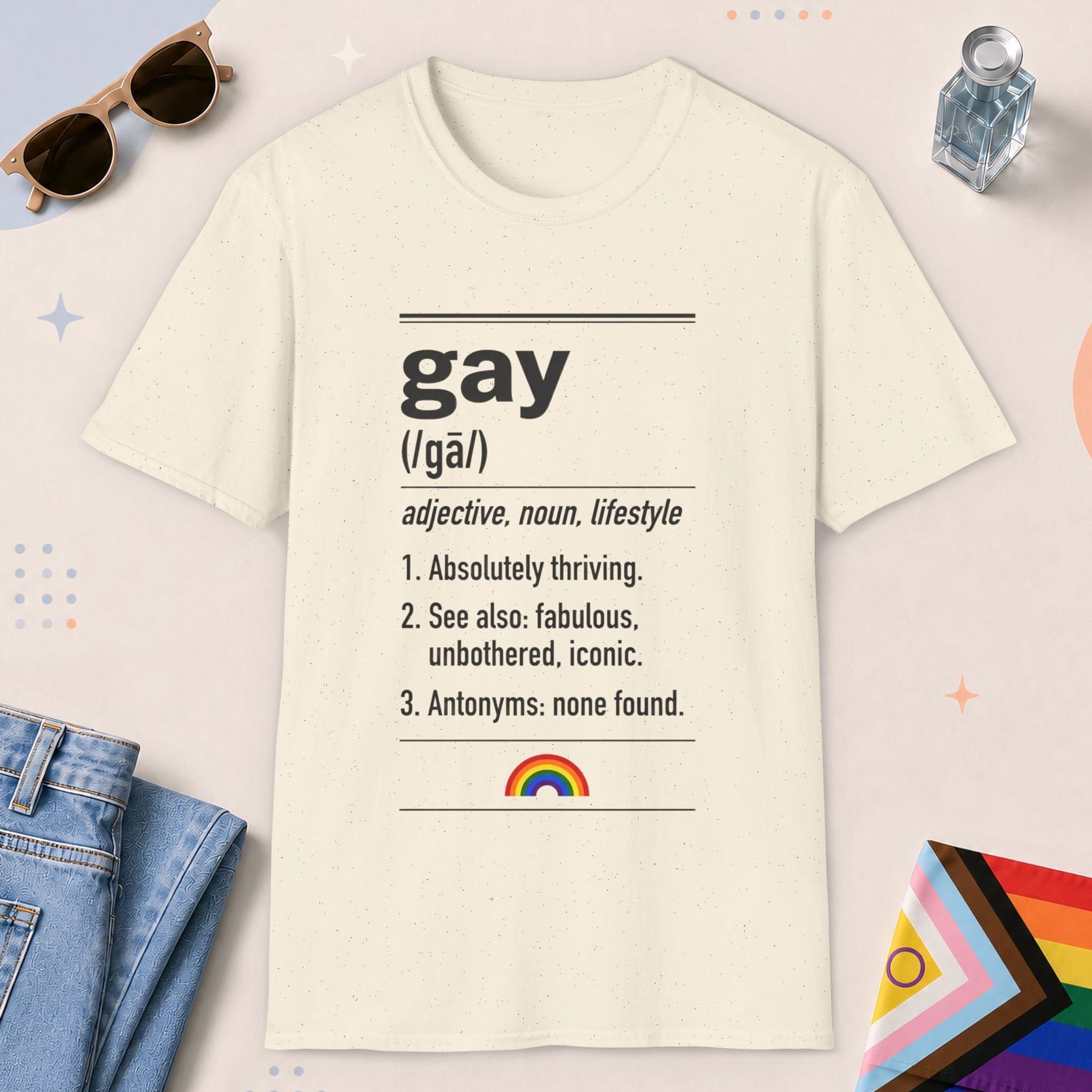 Natural color all-gender graphic t-shirt with "Gay Definition" design